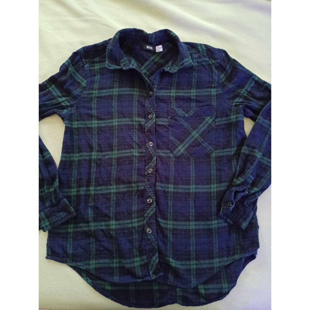 BDG womens blue green plaid button up flannel shirt size small